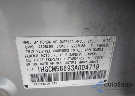 2003 Honda Accord 2.4 Ex from USA, damaged, VIN 1HGCM56693A004719